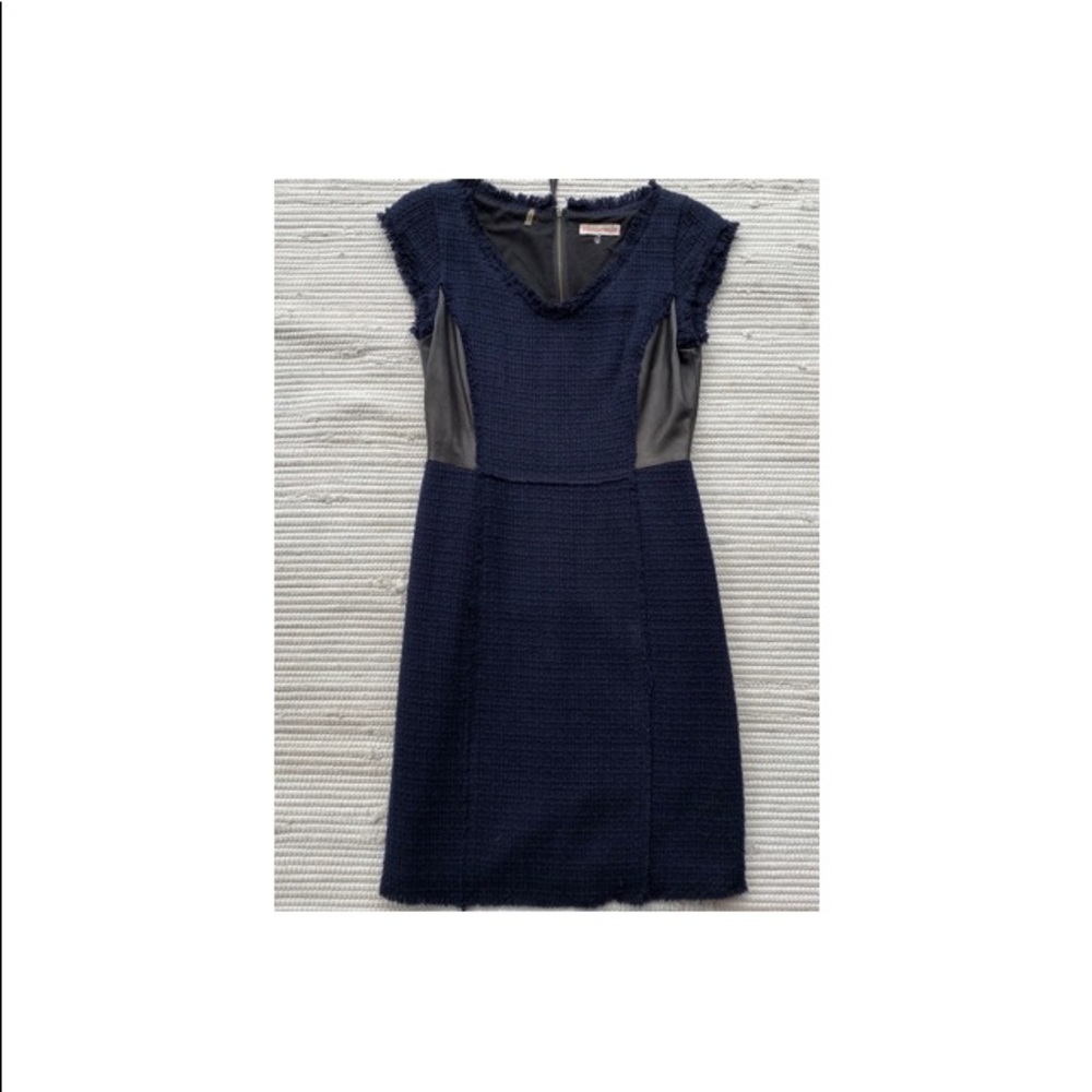 Rebecca Taylor Navy Blue Fringed Tweed Black Leather Panel Sheath Dress Size 4 - Picture 3 of 11